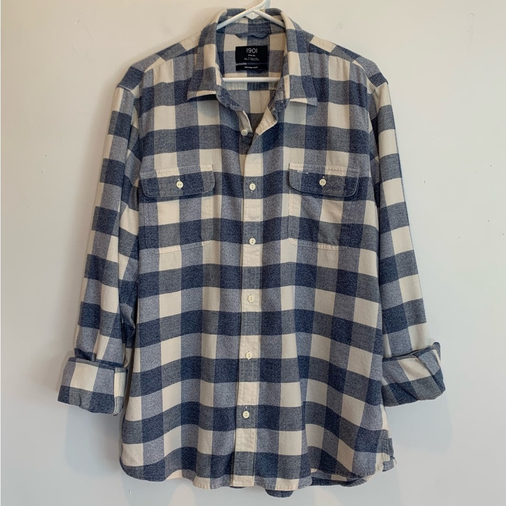 1901 Trim Fit Plaid Flannel Button Up Shirt Men’s XL Blue & White